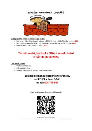 Termín revizí, kontrol a čištění komínů se uskuteční